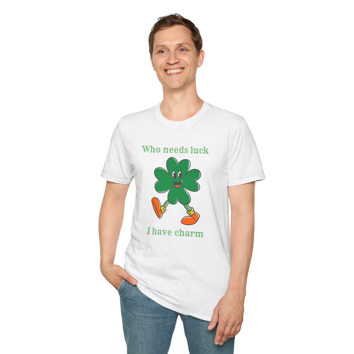 "Who Needs Luck" Graphic Tee – Cheerful Shamrock Character