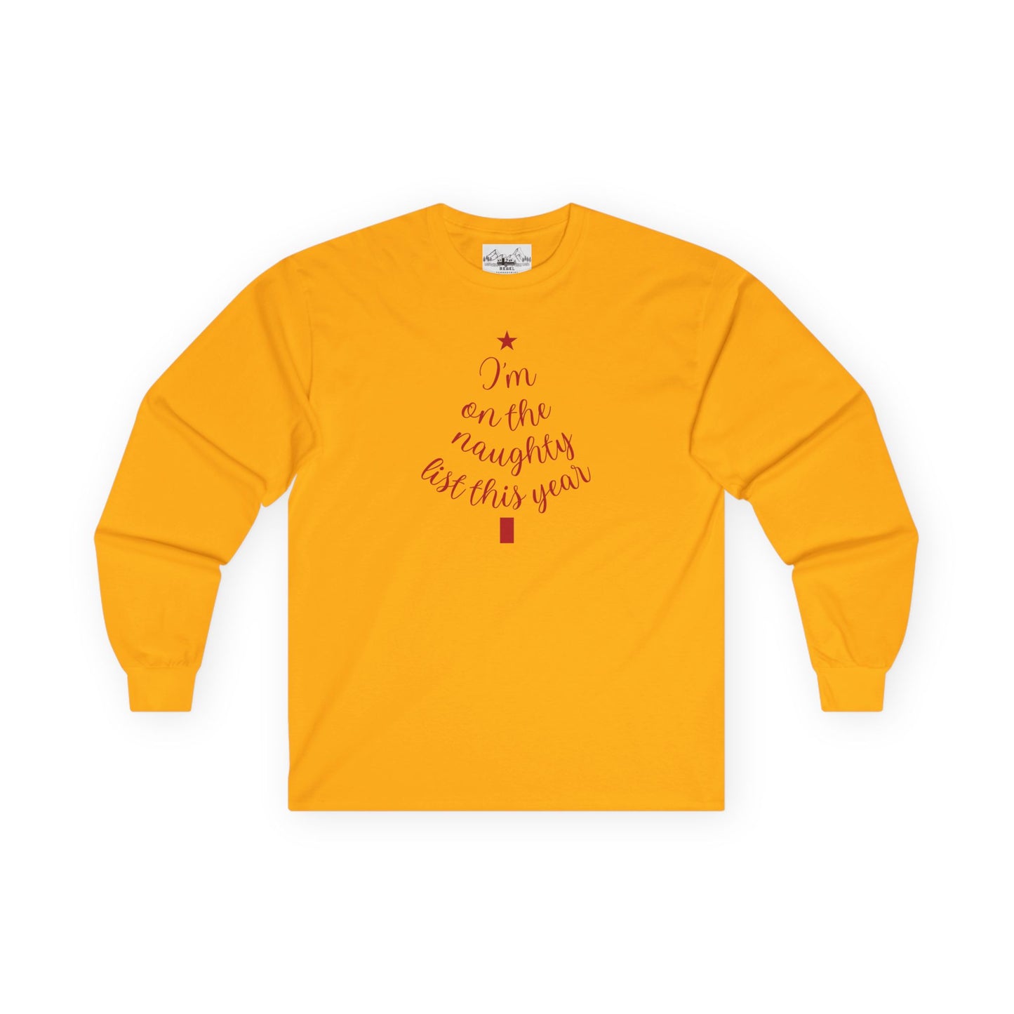 "I'm on the Naughty List This Year" Vintage Long Sleeve Tee | Cozy Tree Script