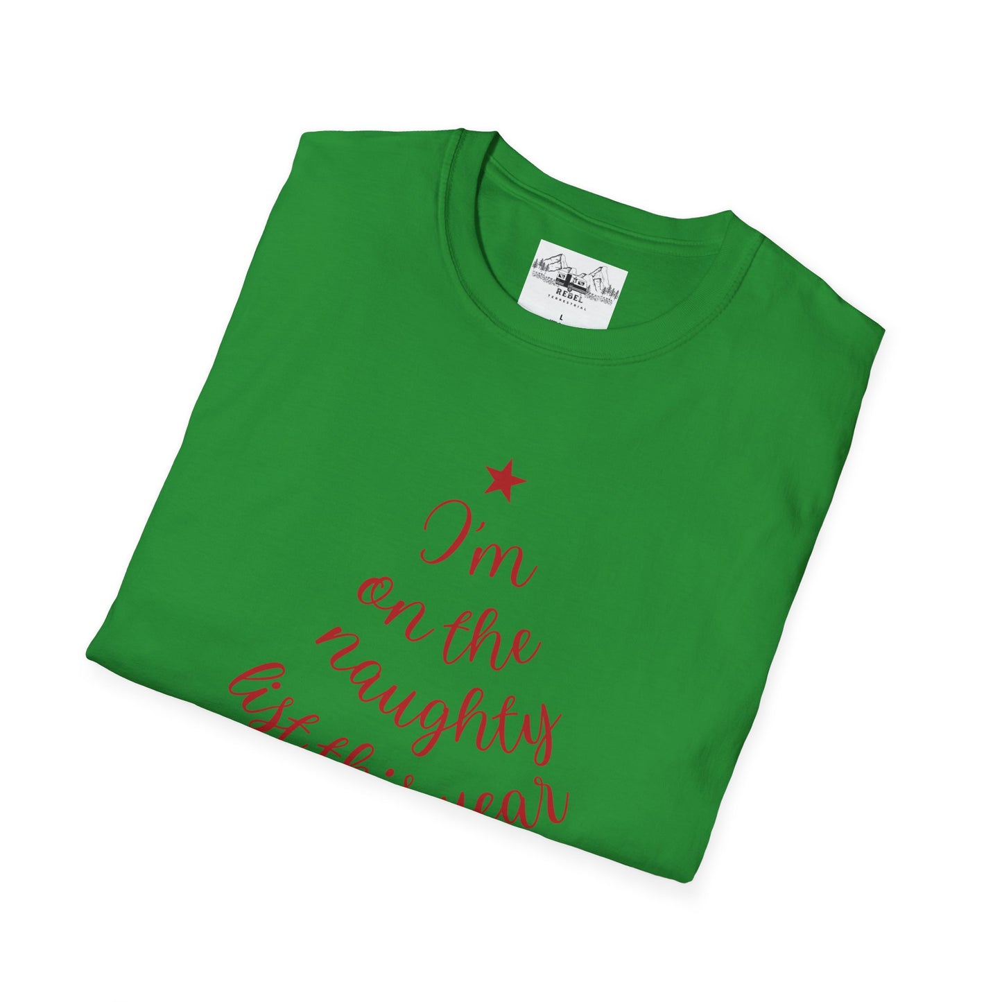"I'm on the Naughty List This Year" — Subtle Tree-Shaped Script T-Shirt