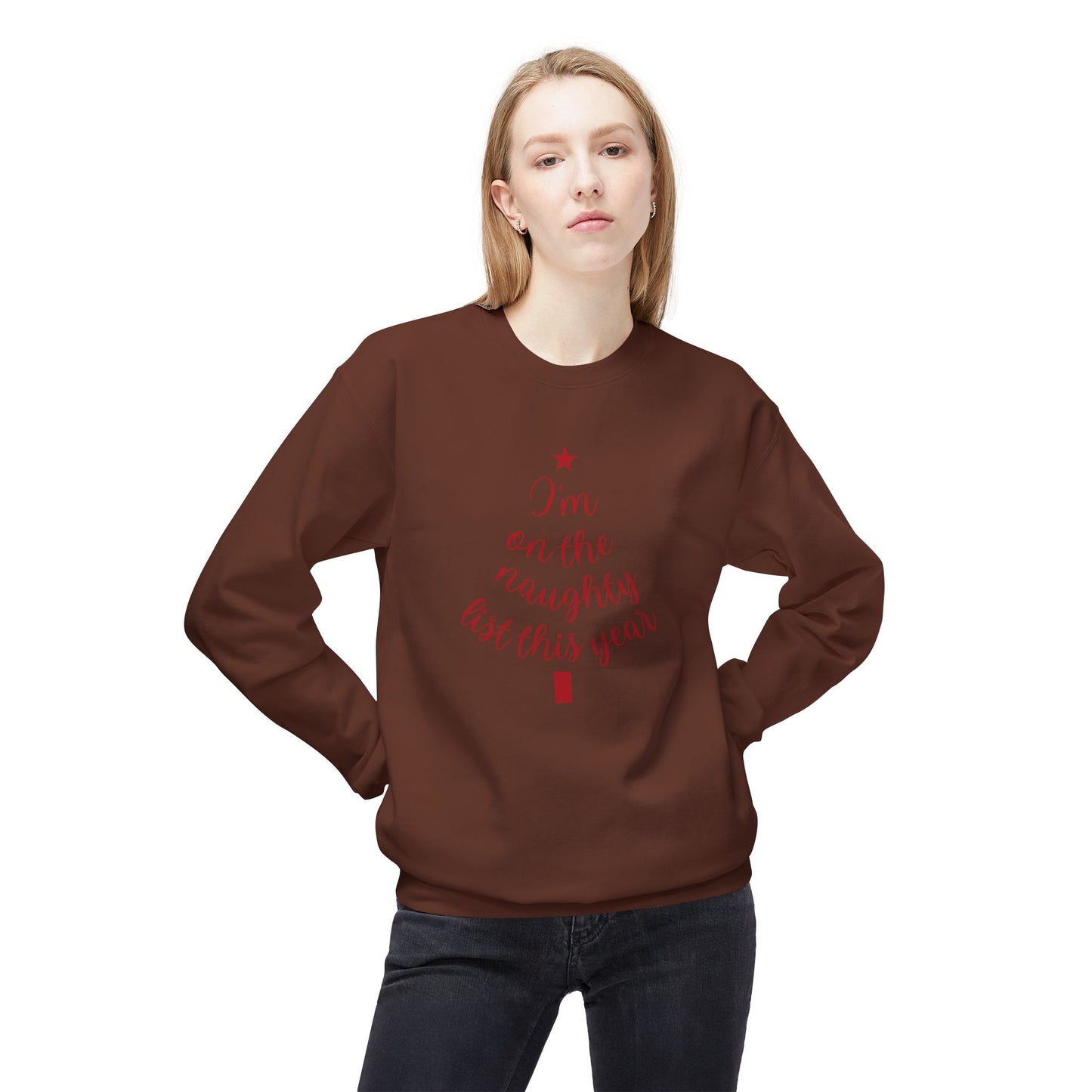 "Naughty List This Year" — Minimalist Tree Script Cozy Crewneck Sweatshirt