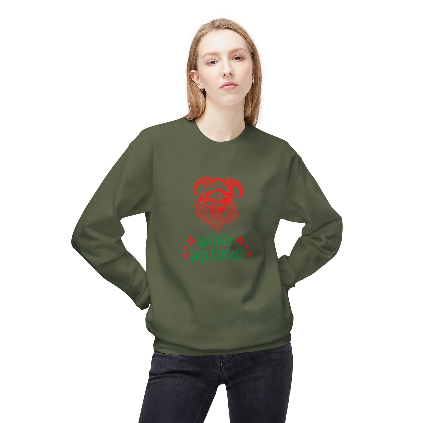 Smiling Krampus "Merry Holidays" Midweight Crewneck Sweatshirt | Cozy Fleece