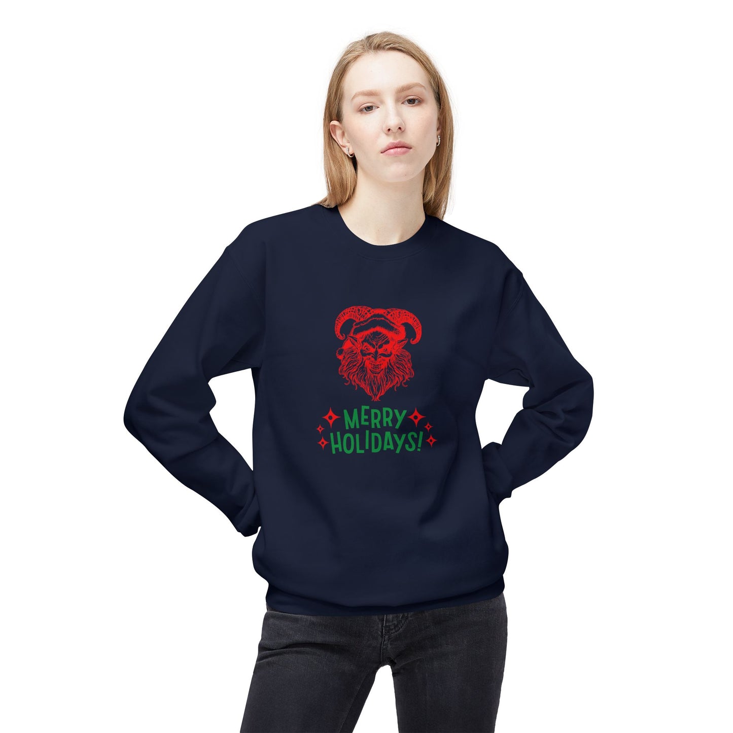Smiling Krampus "Merry Holidays" Midweight Crewneck Sweatshirt | Cozy Fleece