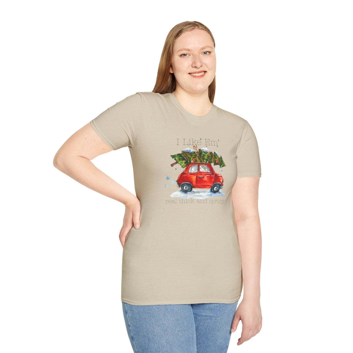 I Like 'Em Real Thick and Sprucy T-Shirt | Watercolor Retro Car & Tree