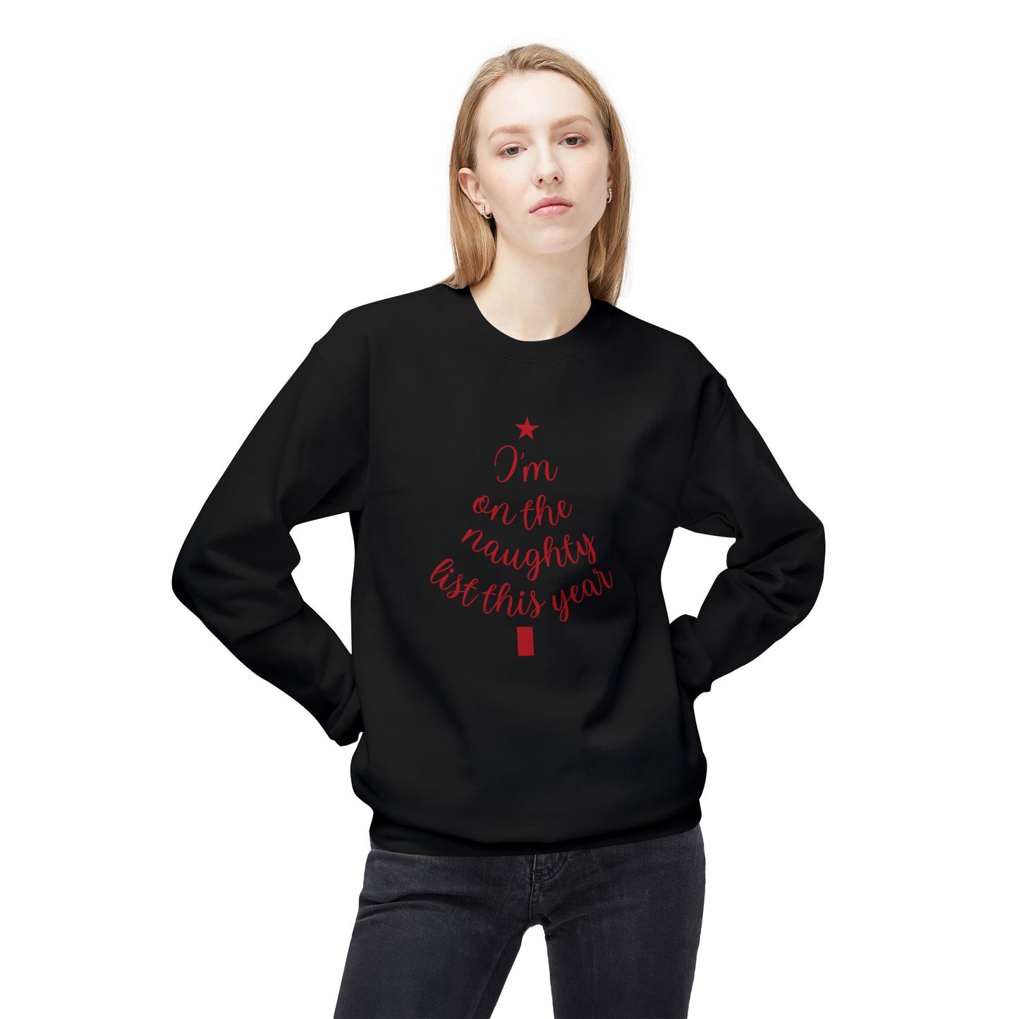 "Naughty List This Year" — Minimalist Tree Script Cozy Crewneck Sweatshirt