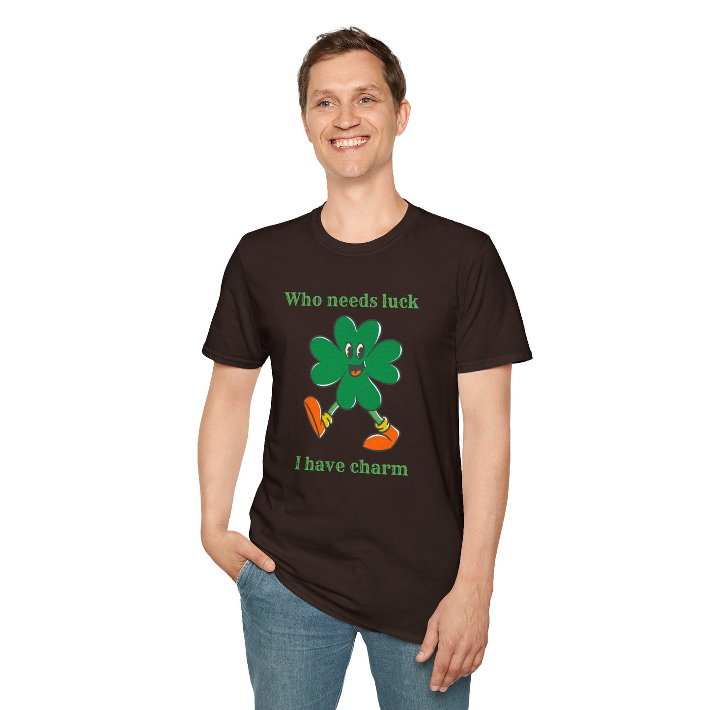 "Who Needs Luck" Graphic Tee – Cheerful Shamrock Character