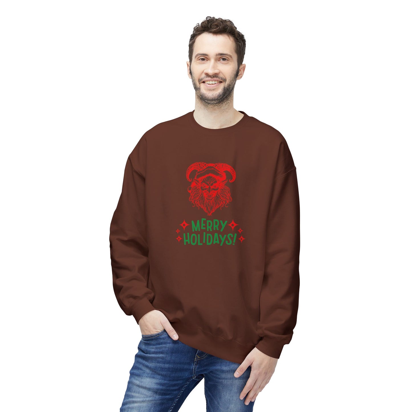 Smiling Krampus "Merry Holidays" Midweight Crewneck Sweatshirt | Cozy Fleece
