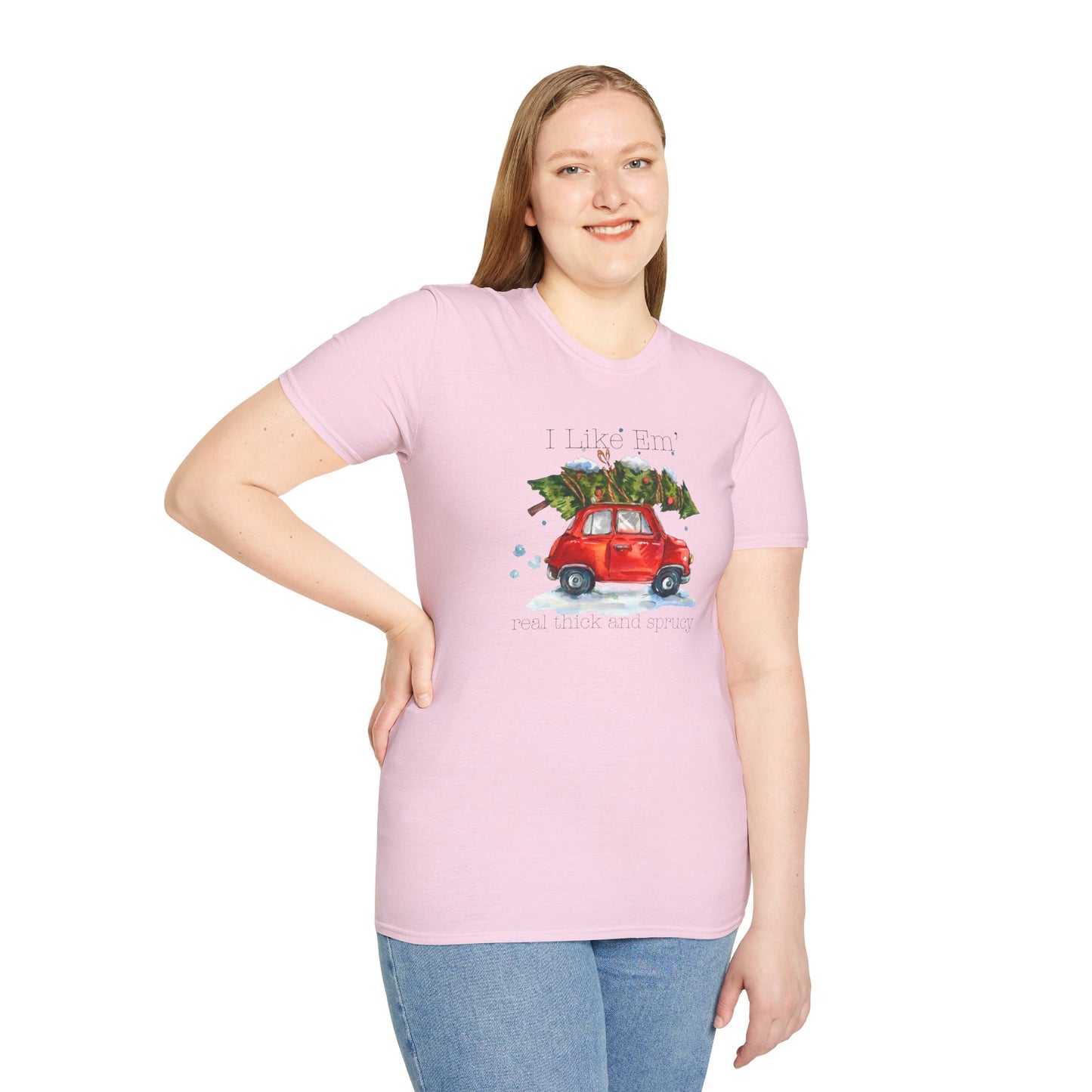 I Like 'Em Real Thick and Sprucy T-Shirt | Watercolor Retro Car & Tree