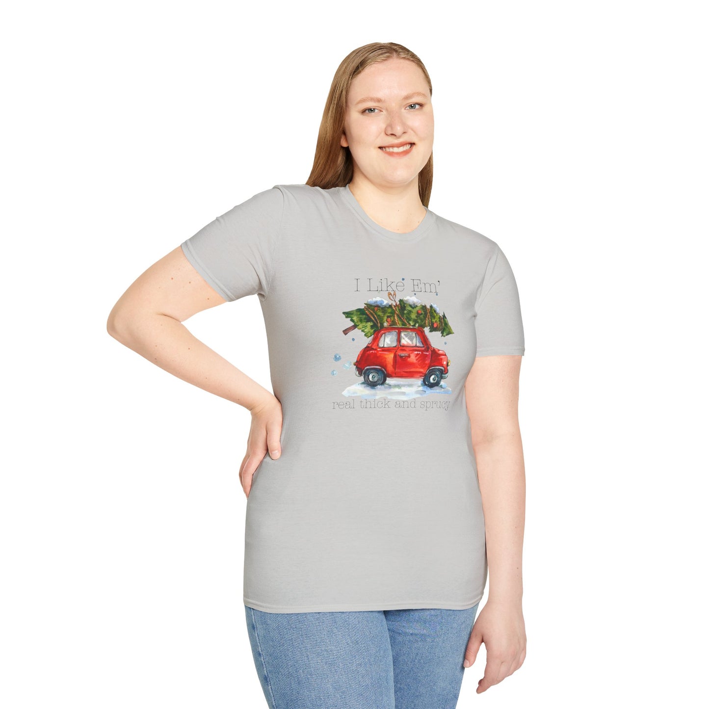 I Like 'Em Real Thick and Sprucy T-Shirt | Watercolor Retro Car & Tree