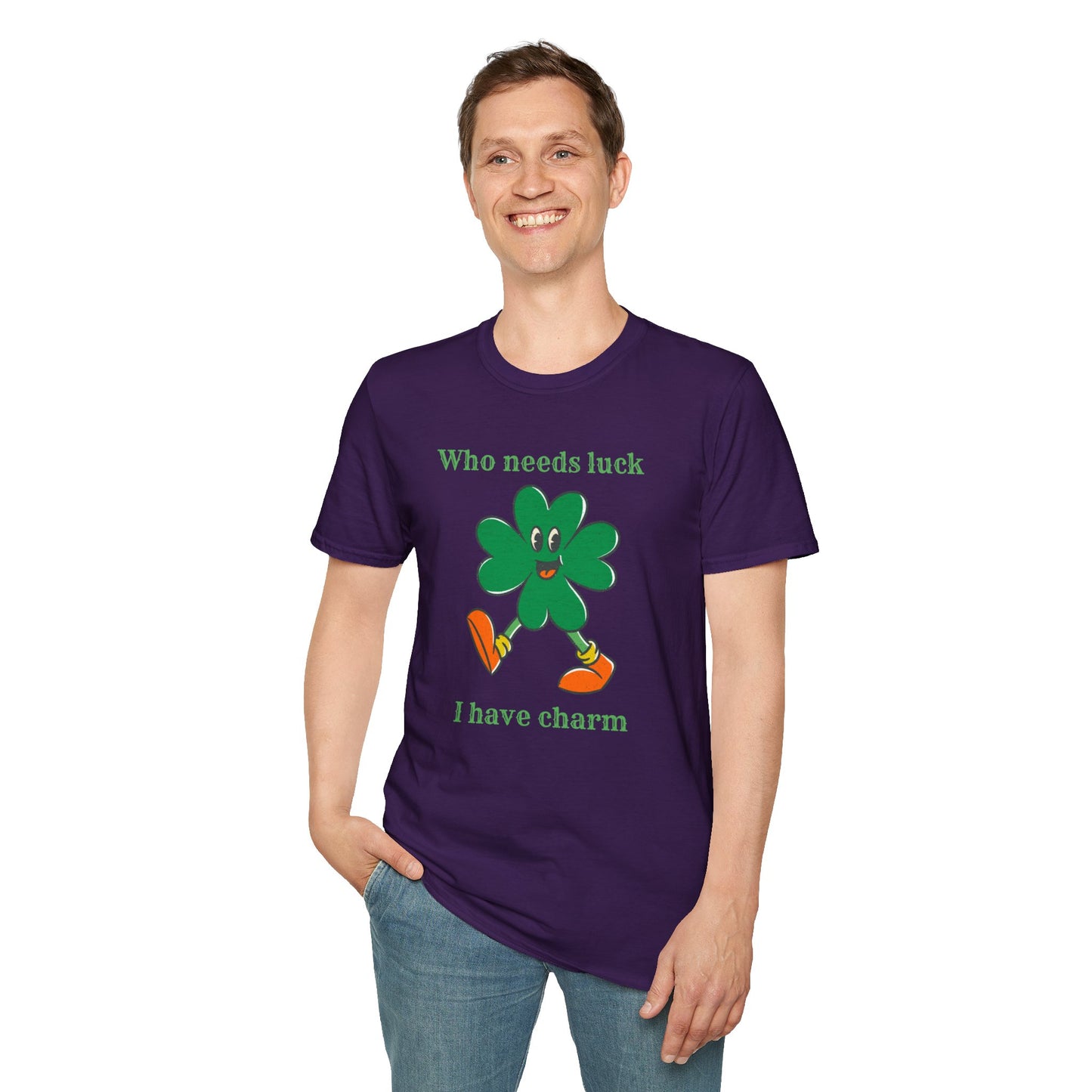 "Who Needs Luck" Graphic Tee – Cheerful Shamrock Character