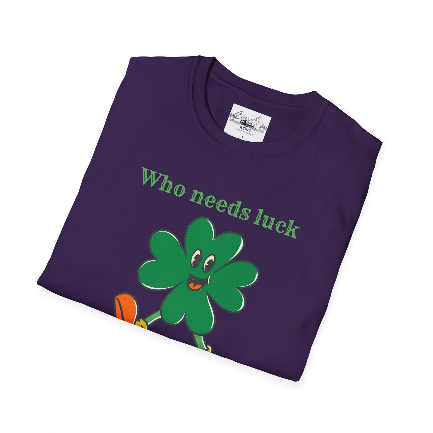 "Who Needs Luck" Graphic Tee – Cheerful Shamrock Character