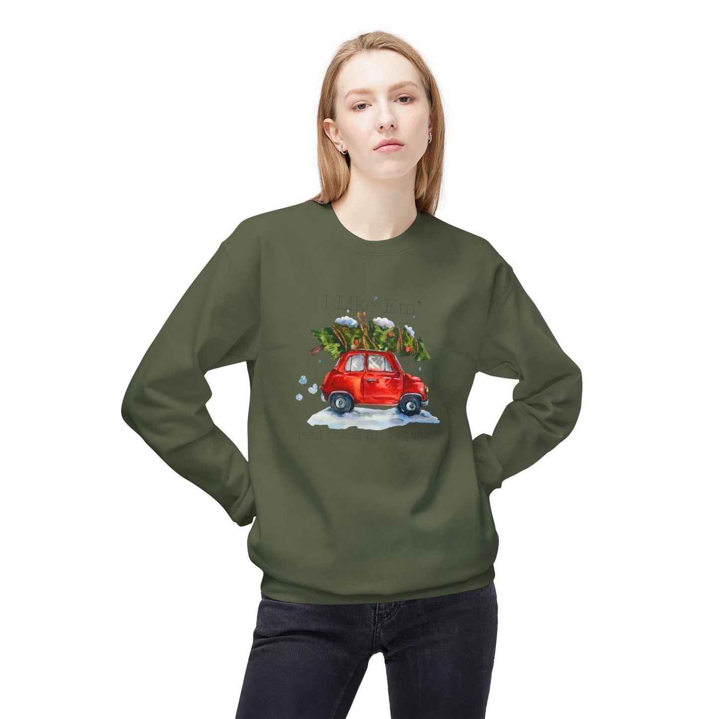 I Like 'Em Real Thick and Sprucy Midweight Crewneck Sweatshirt | Cozy Watercolor Car