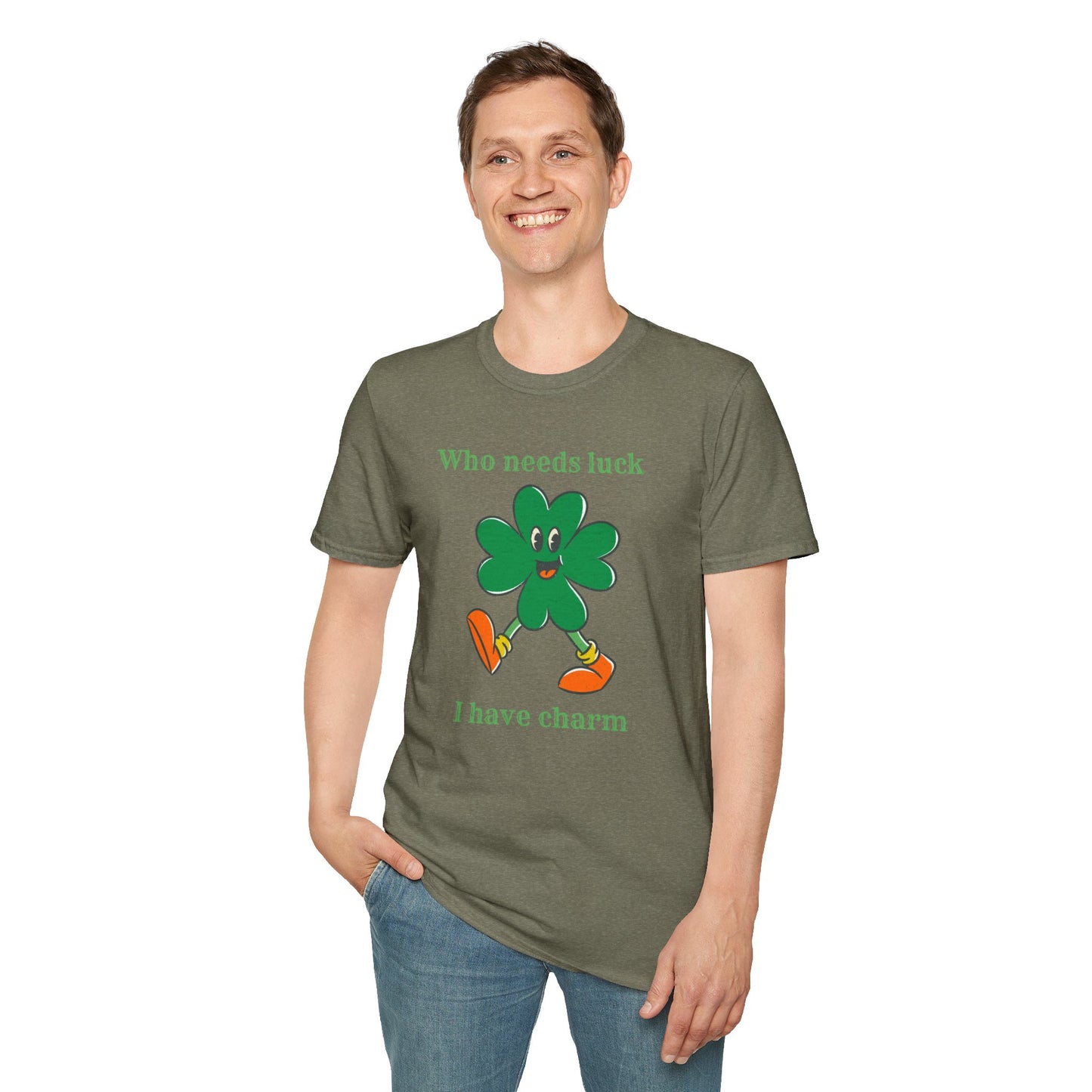 "Who Needs Luck" Graphic Tee – Cheerful Shamrock Character