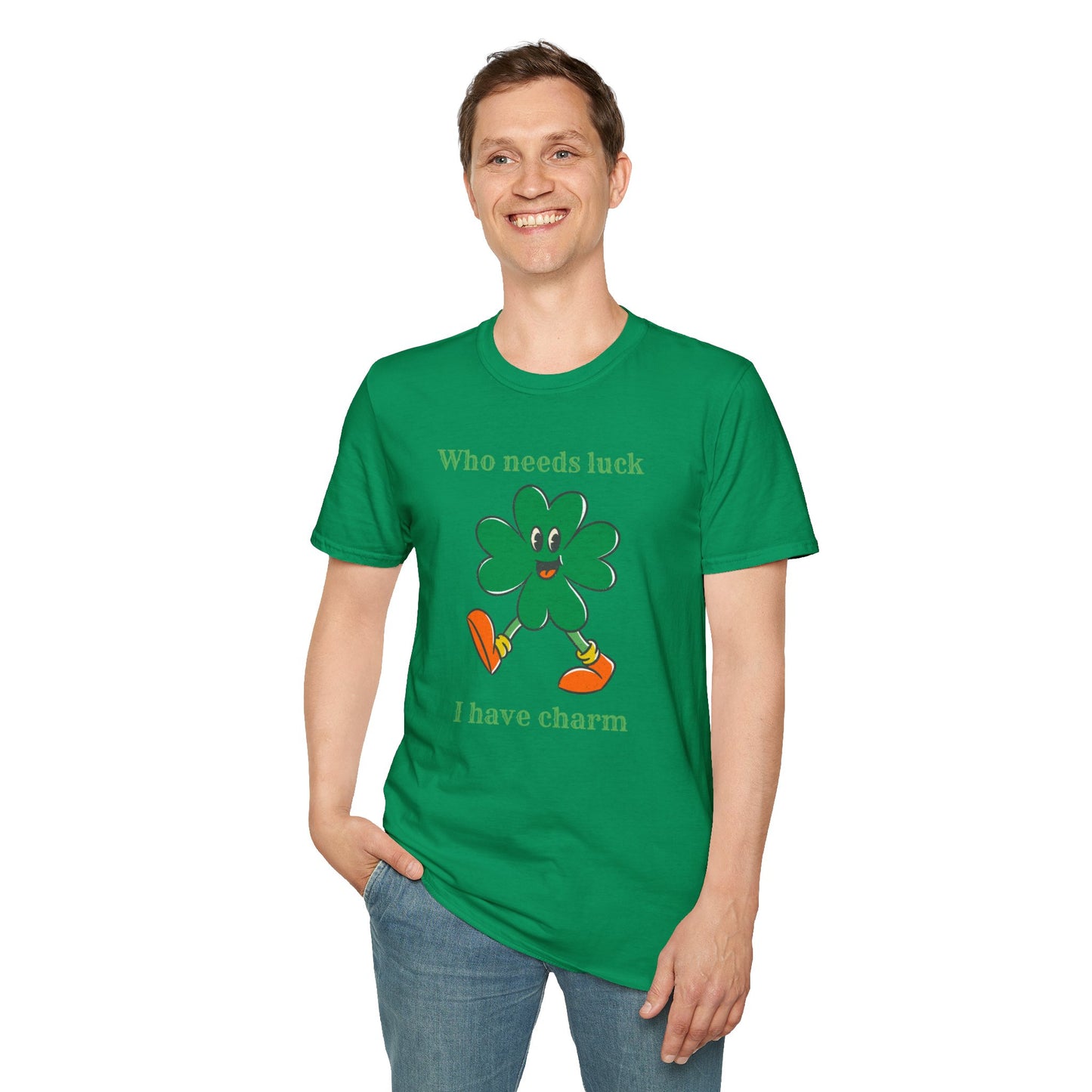 "Who Needs Luck" Graphic Tee – Cheerful Shamrock Character