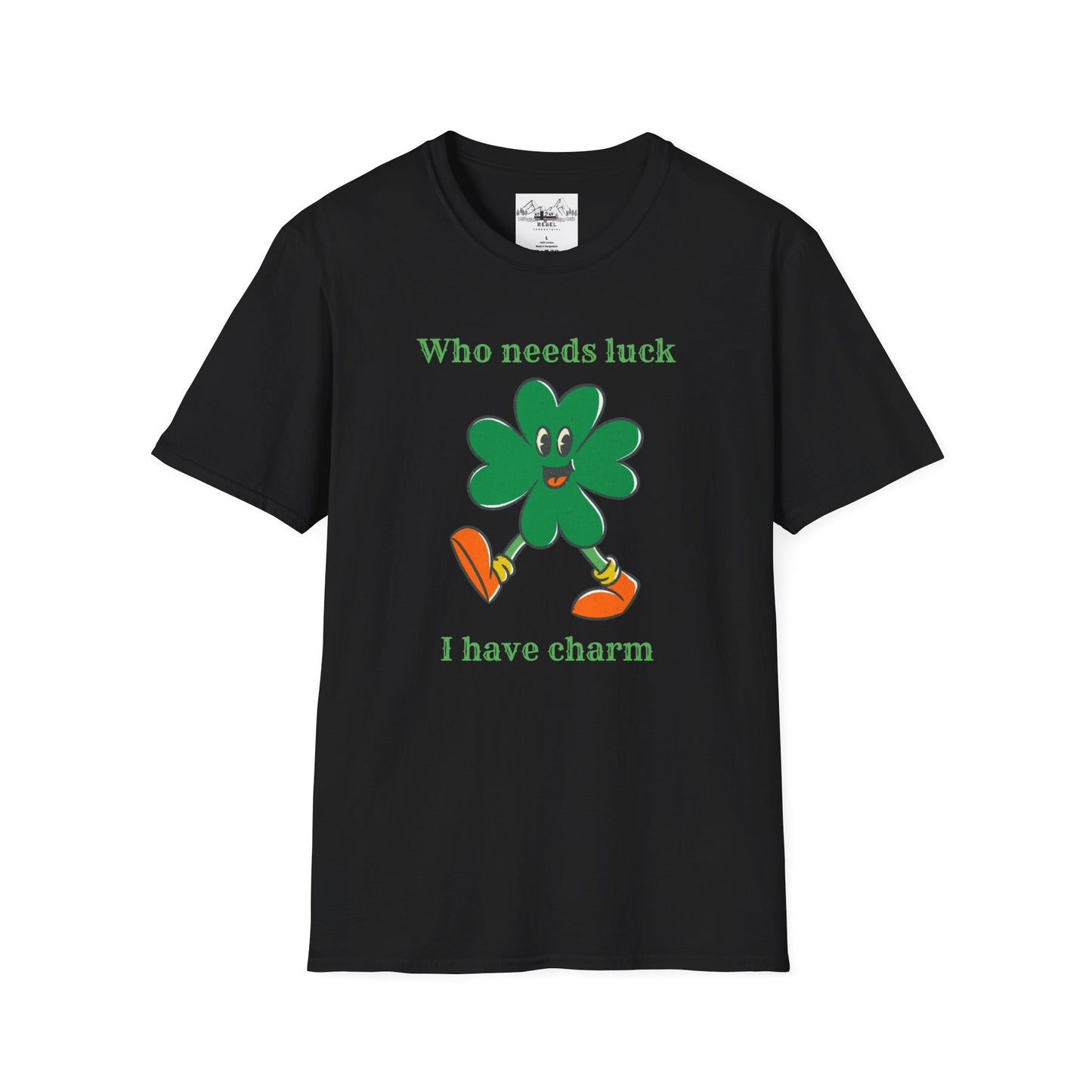 "Who Needs Luck" Graphic Tee – Cheerful Shamrock Character