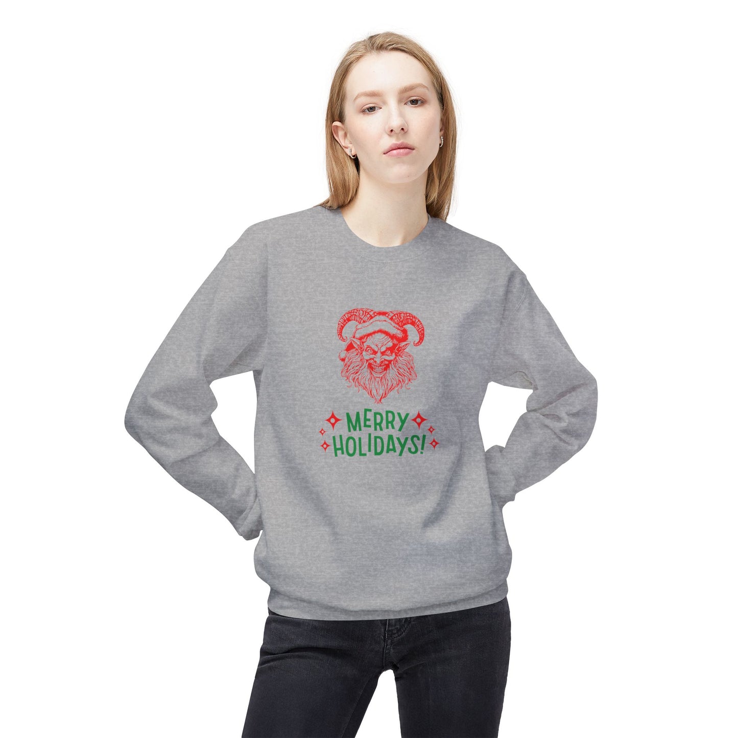 Smiling Krampus "Merry Holidays" Midweight Crewneck Sweatshirt | Cozy Fleece