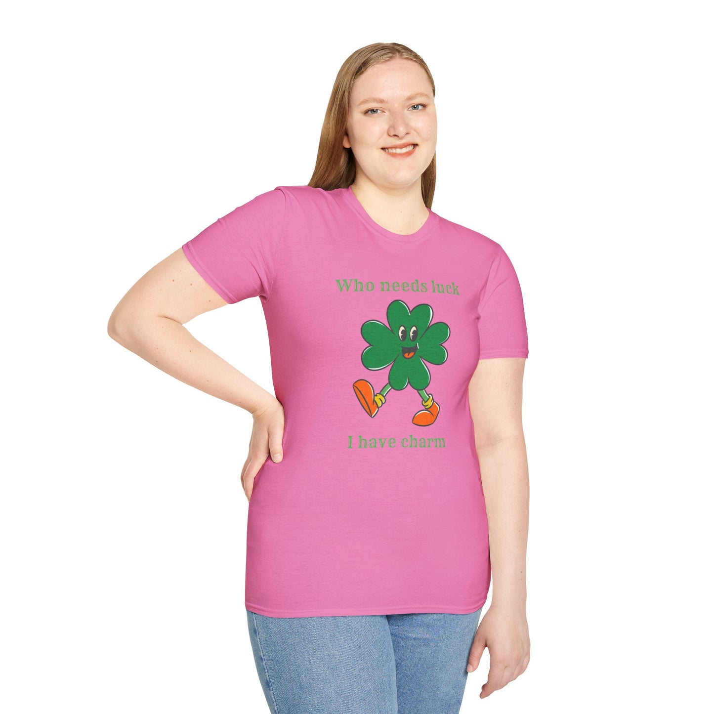 "Who Needs Luck" Graphic Tee – Cheerful Shamrock Character