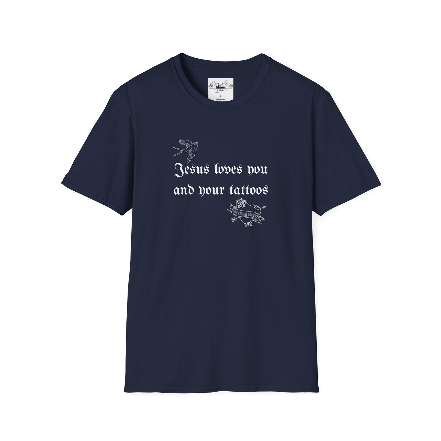 Jesus Loves You and Your Tattoos – Tattoo Dove & Heart T-Shirt