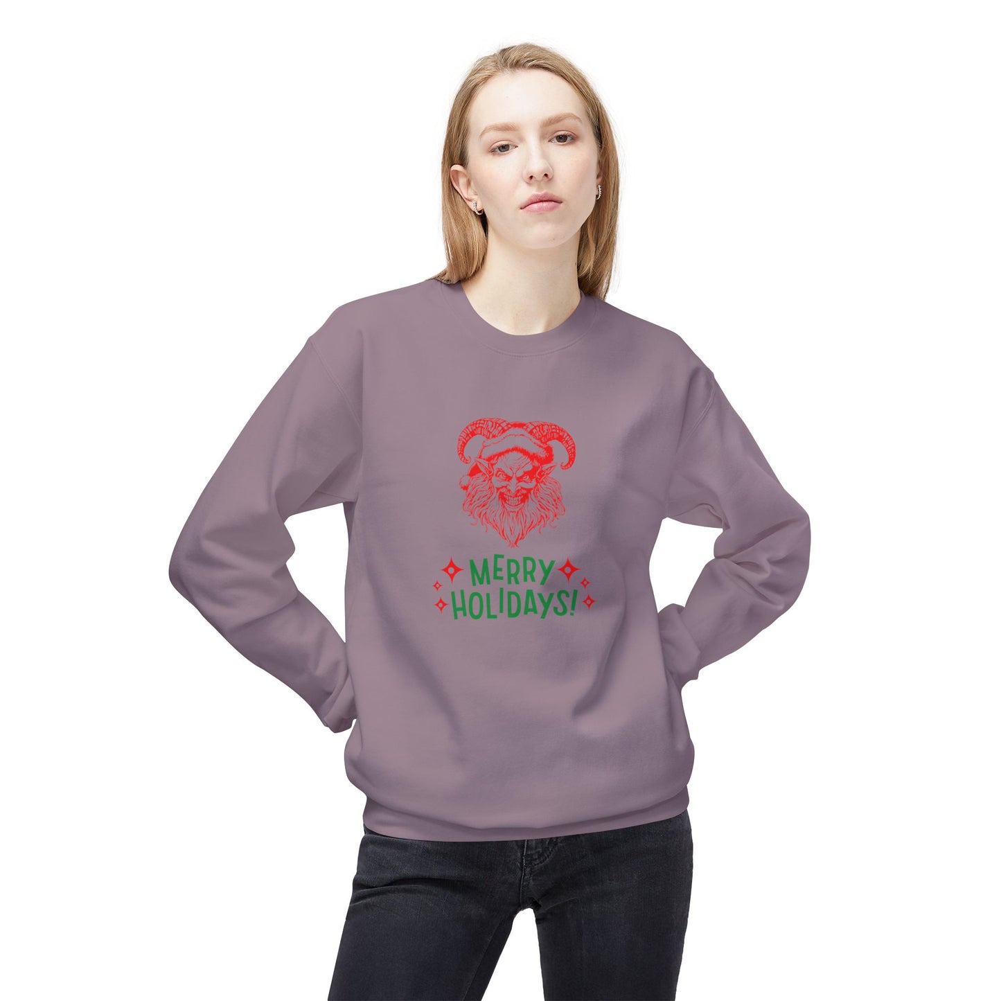 Smiling Krampus "Merry Holidays" Midweight Crewneck Sweatshirt | Cozy Fleece
