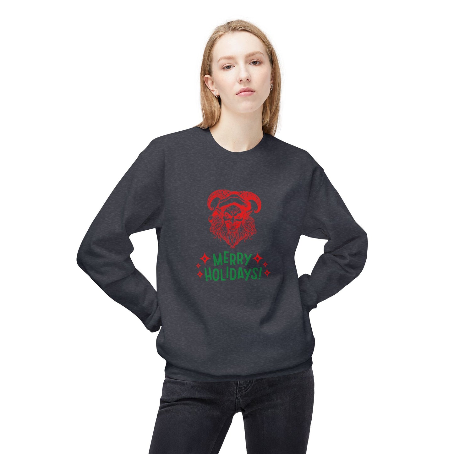 Smiling Krampus "Merry Holidays" Midweight Crewneck Sweatshirt | Cozy Fleece