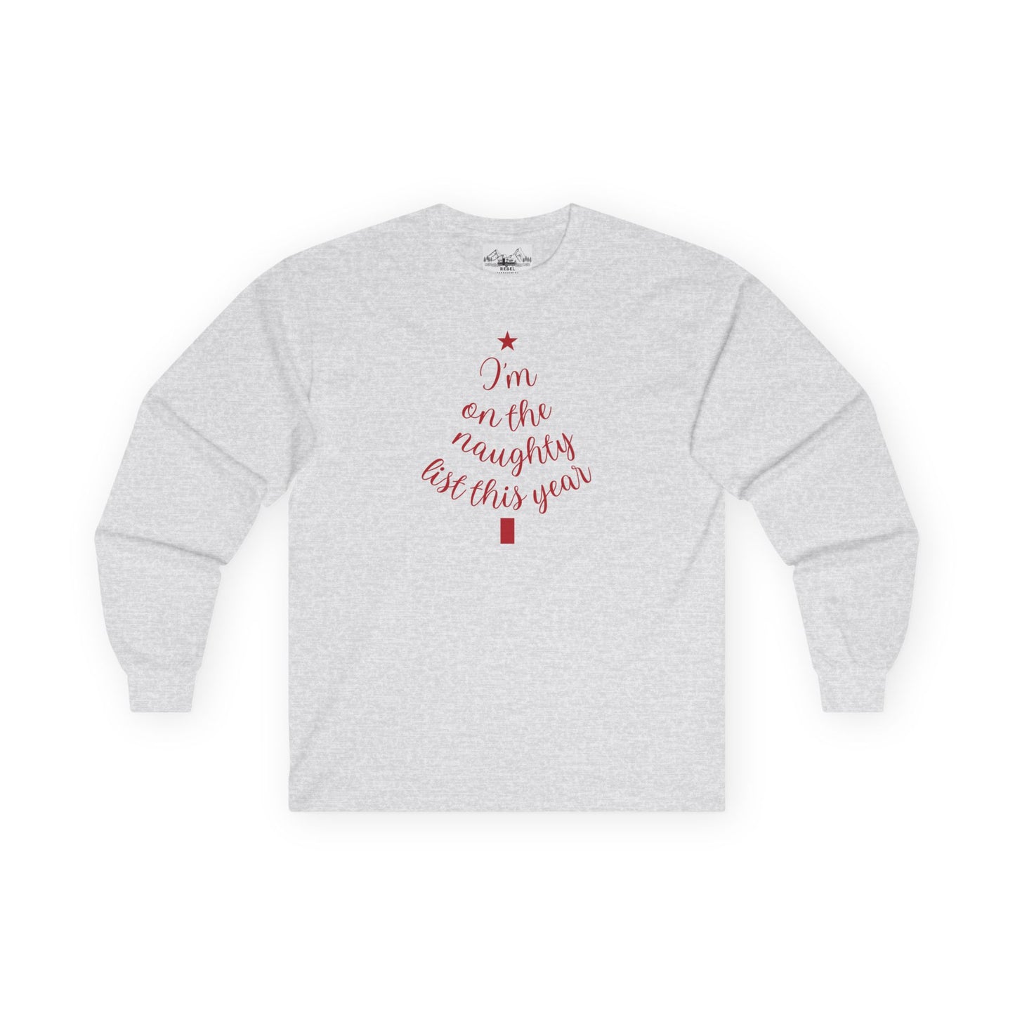 "I'm on the Naughty List This Year" Vintage Long Sleeve Tee | Cozy Tree Script