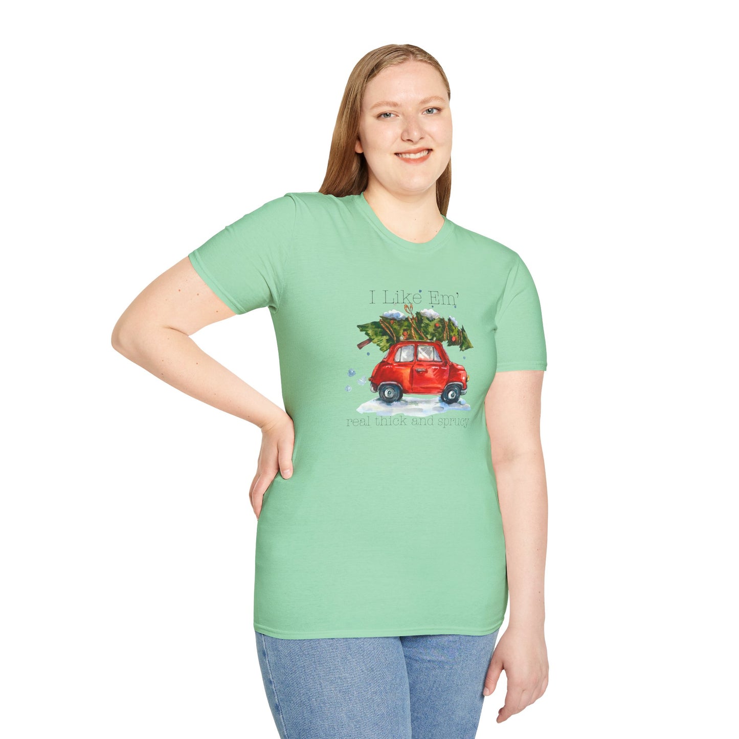 I Like 'Em Real Thick and Sprucy T-Shirt | Watercolor Retro Car & Tree
