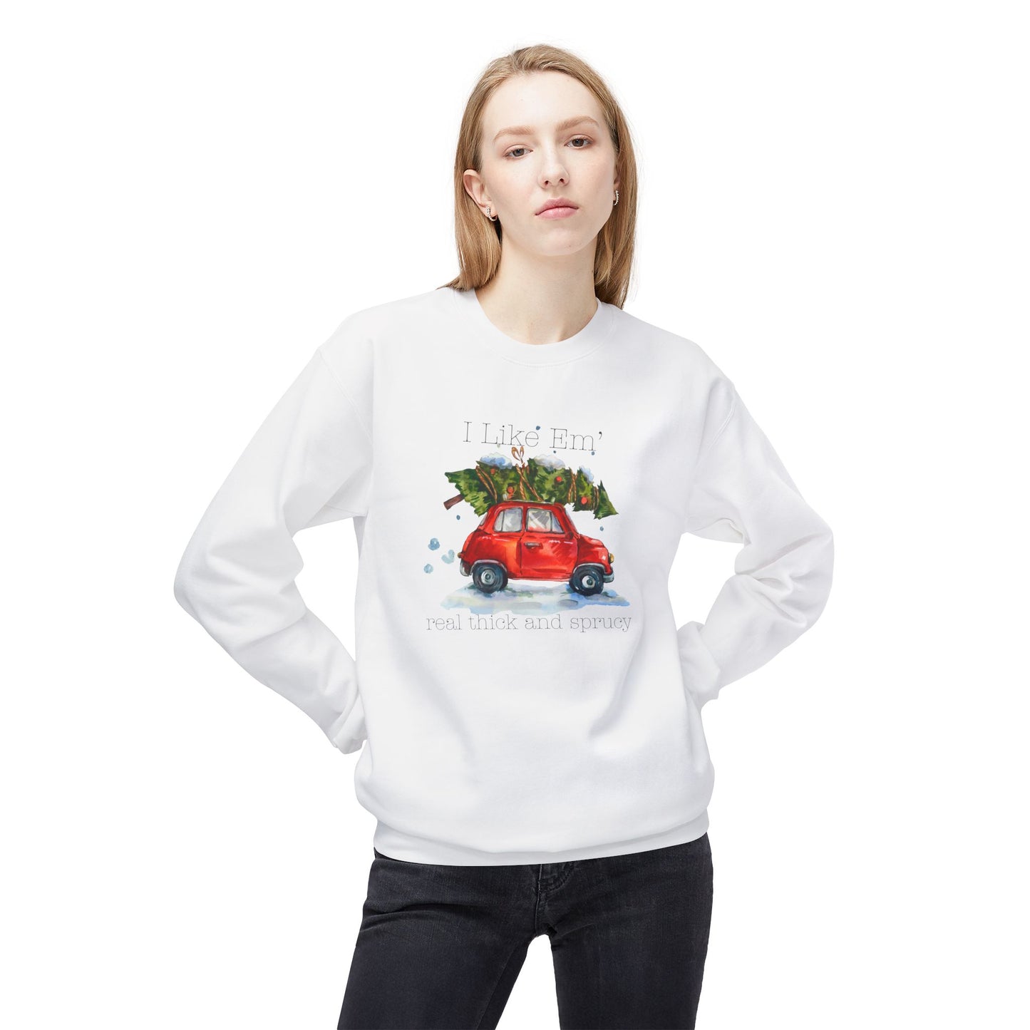 I Like 'Em Real Thick and Sprucy Midweight Crewneck Sweatshirt | Cozy Watercolor Car