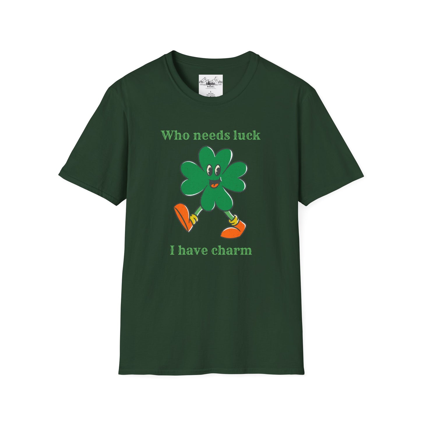 "Who Needs Luck" Graphic Tee – Cheerful Shamrock Character