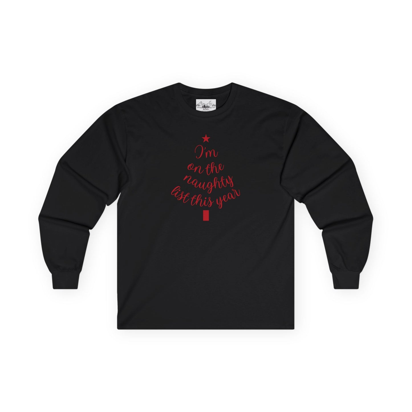 "I'm on the Naughty List This Year" Vintage Long Sleeve Tee | Cozy Tree Script