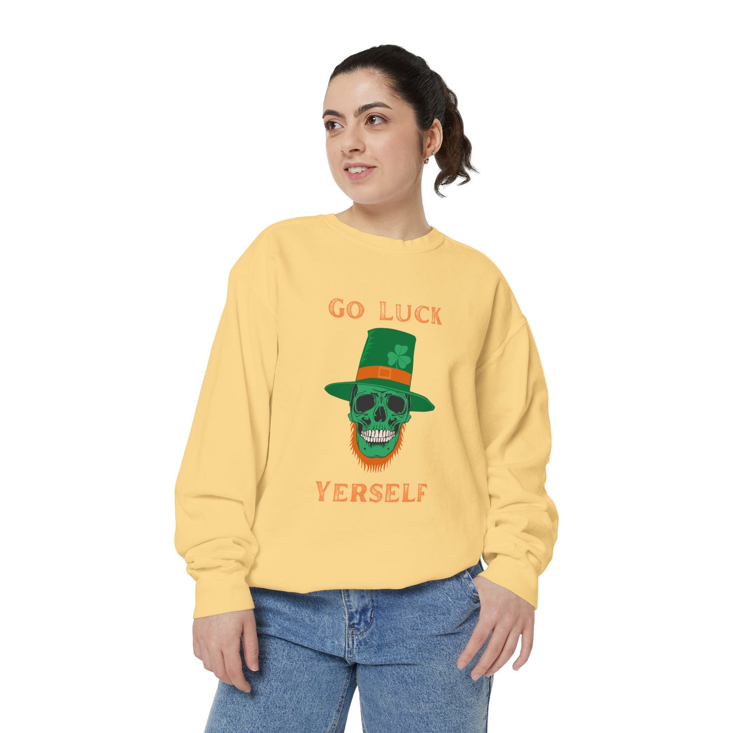 "Go Luck Yerself" Relaxed Fit Sweatshirt – Vintage Emerald Skull