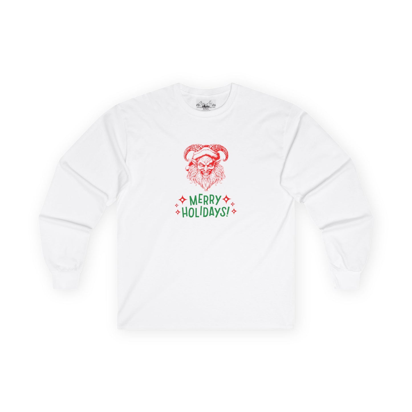 Smiling Krampus "Merry Holidays" Vintage Long Sleeve Tee | Dark Holiday Humor