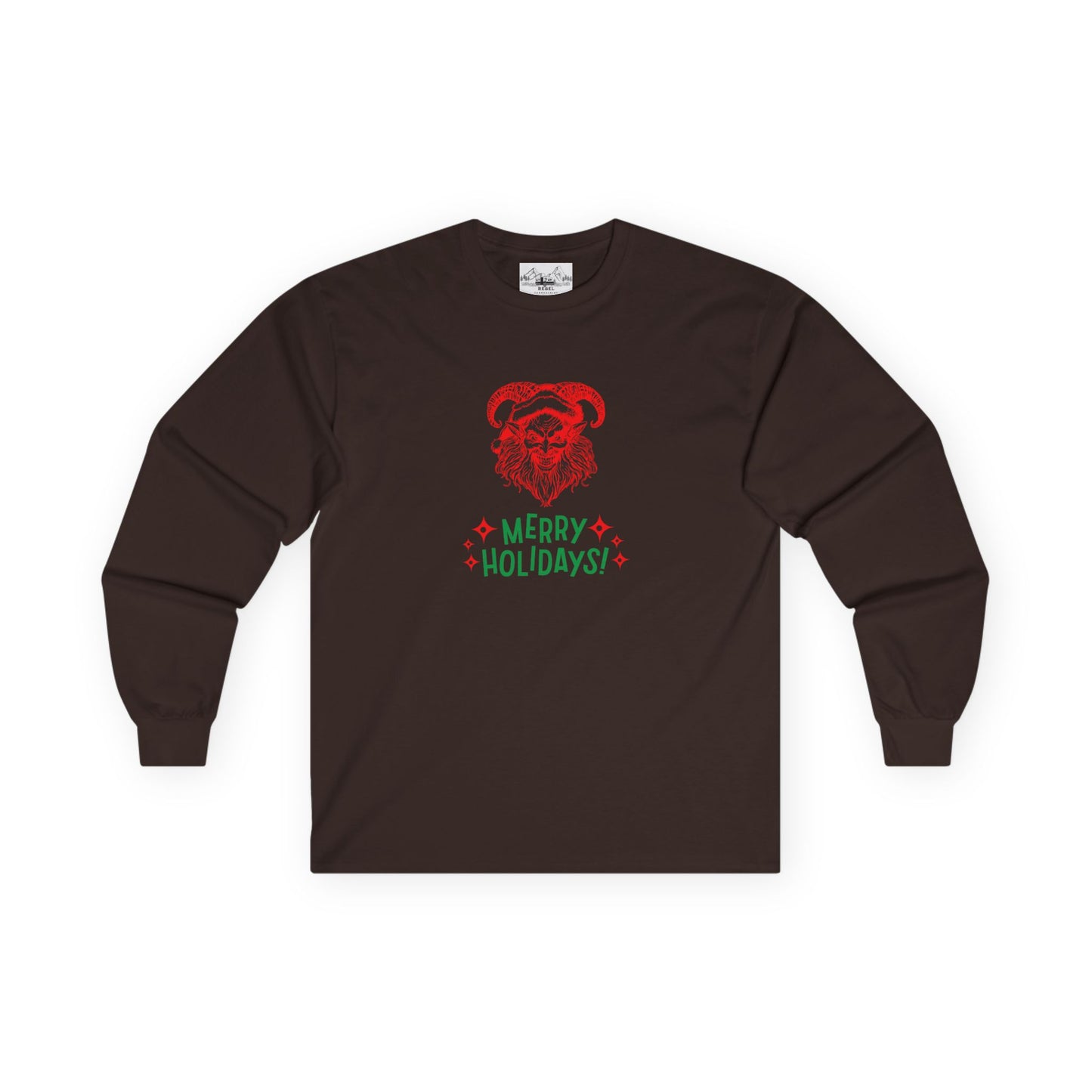 Smiling Krampus "Merry Holidays" Vintage Long Sleeve Tee | Dark Holiday Humor