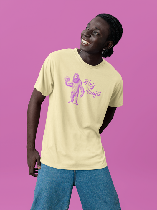 Hey Shuga Bigfoot T-Shirt – Unisex Softstyle Tee in Lurid Pink
