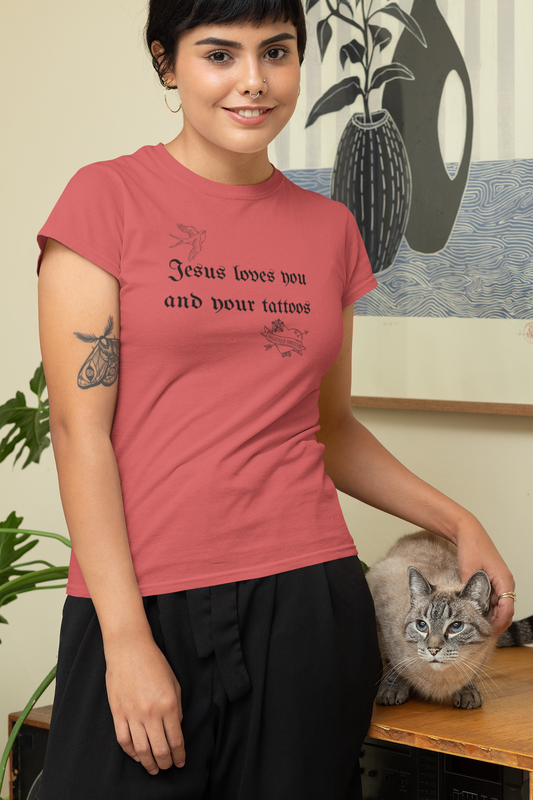 Jesus Loves You and Your Tattoos – Tattoo Dove & Heart T-Shirt