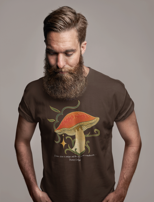 Nature Alone Is Antique – Old World Mushroom Unisex Softstyle T-Shirt | Thomas Carlyle Quote
