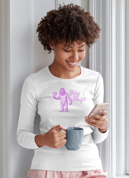 Hey Shuga Long Sleeve Tee – Bigfoot with Flowers in Pink