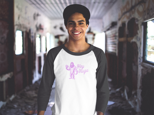 Hey Shuga 3/4 Sleeve Baseball Tee – Bigfoot with Flowers in Pink