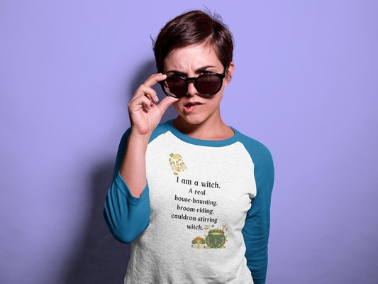 The Real Witch Cauldron & Broom 3/4 Sleeve Baseball Tee