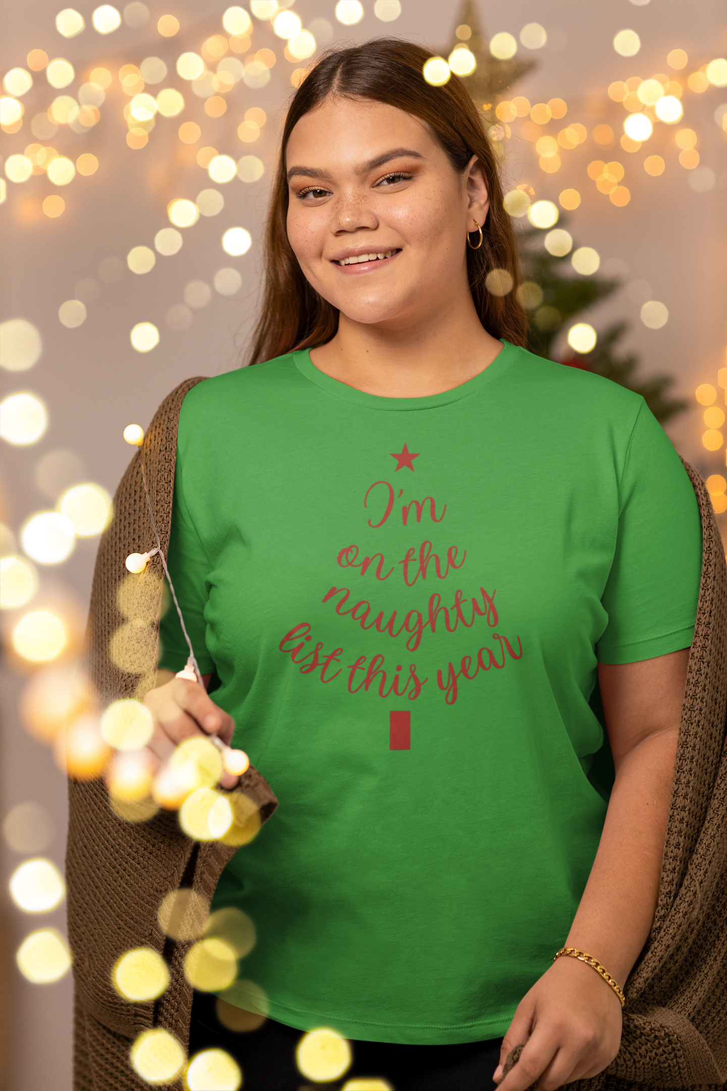 "I'm on the Naughty List This Year" — Subtle Tree-Shaped Script T-Shirt
