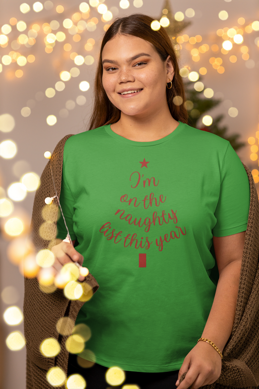 "I'm on the Naughty List This Year" — Subtle Tree-Shaped Script T-Shirt