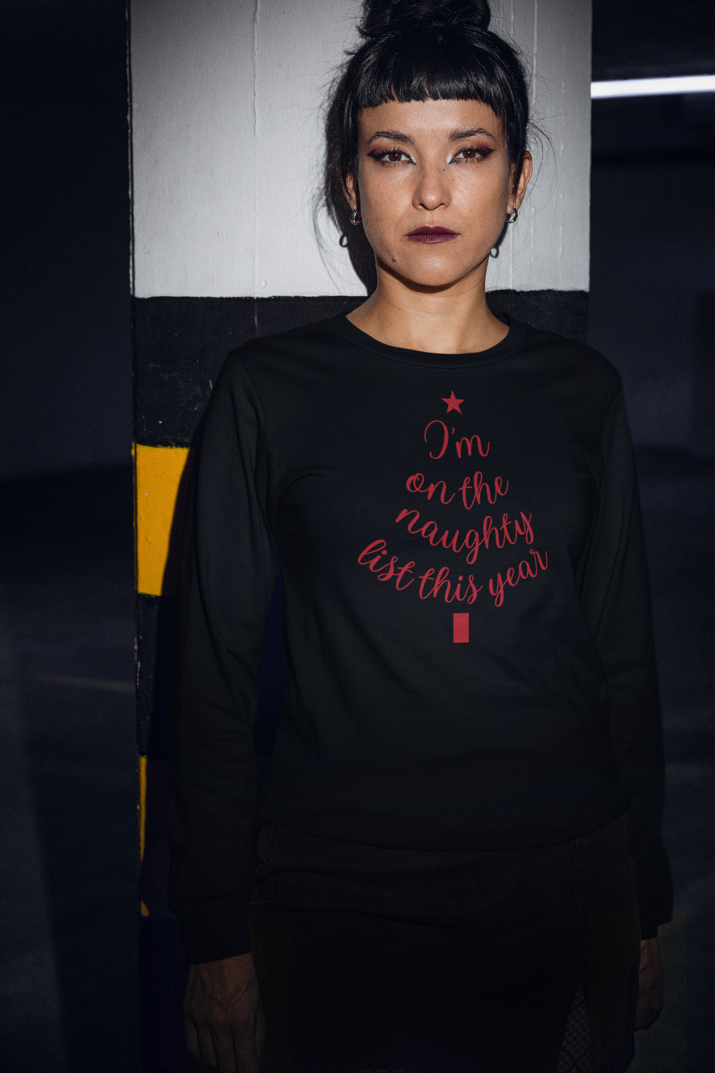 "I'm on the Naughty List This Year" Vintage Long Sleeve Tee | Cozy Tree Script