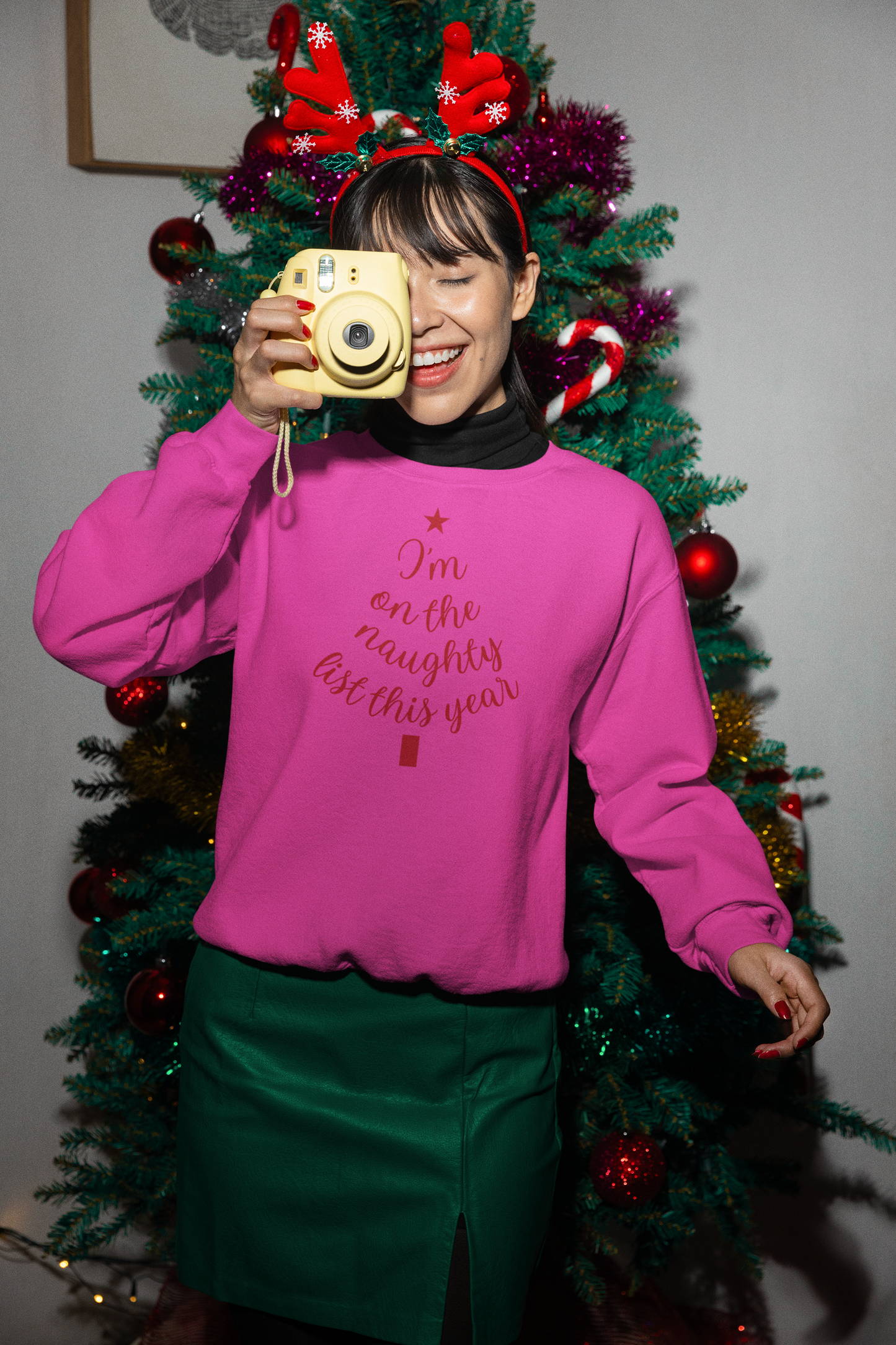 "Naughty List This Year" — Minimalist Tree Script Cozy Crewneck Sweatshirt
