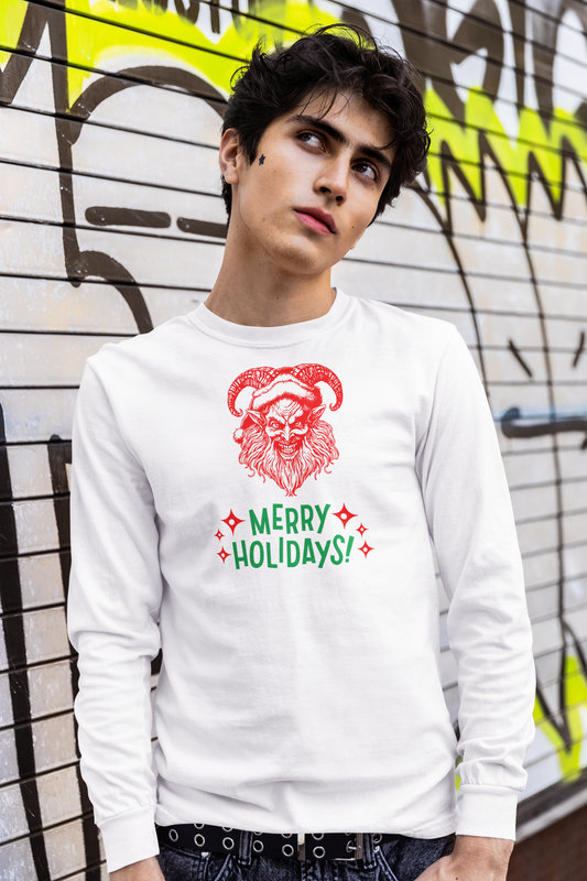 Smiling Krampus "Merry Holidays" Vintage Long Sleeve Tee | Dark Holiday Humor
