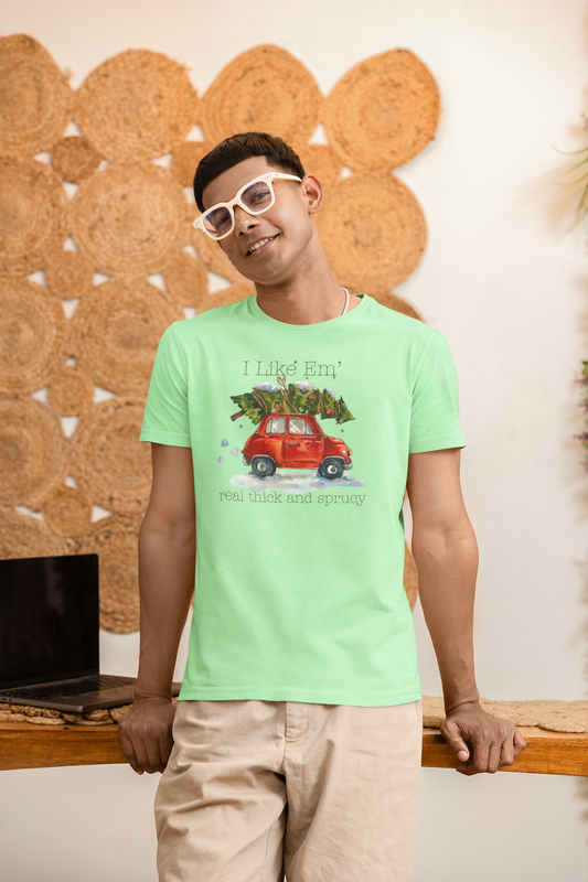 I Like 'Em Real Thick and Sprucy T-Shirt | Watercolor Retro Car & Tree