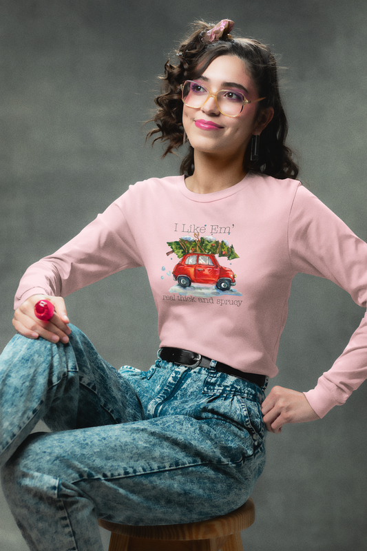 I Like 'Em Real Thick and Sprucy Ultra Cotton Long Sleeve Tee | Watercolor Retro Car & Tree