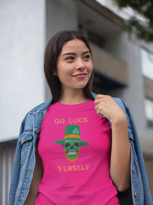 "Go Luck Yerself" Graphic Tee – Emerald Skull & Leprechaun Hat