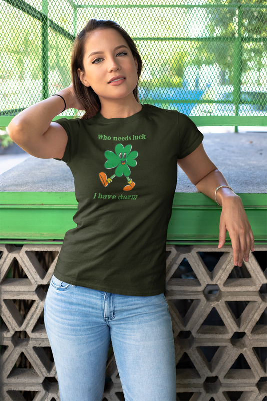 "Who Needs Luck" Graphic Tee – Cheerful Shamrock Character