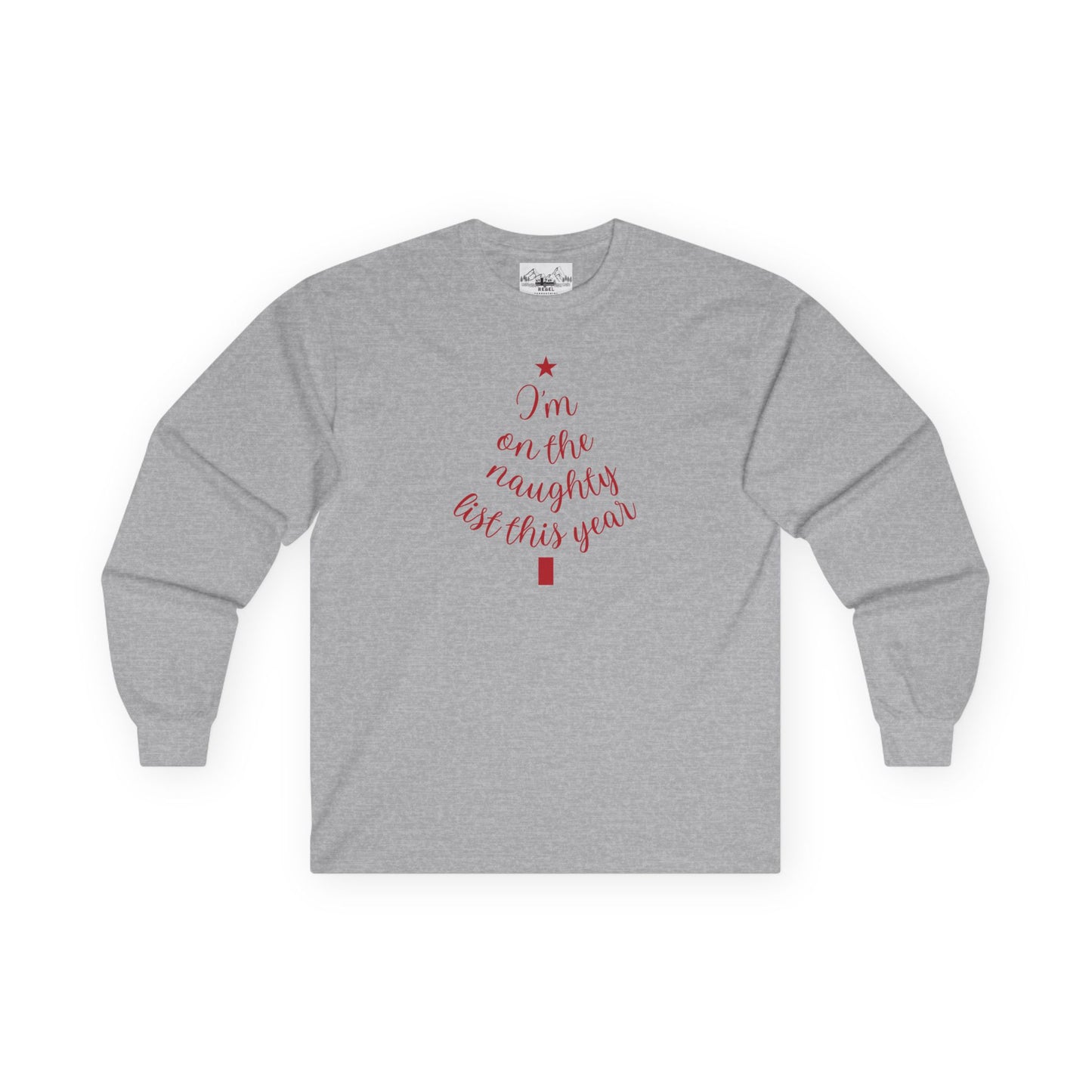 "I'm on the Naughty List This Year" Vintage Long Sleeve Tee | Cozy Tree Script