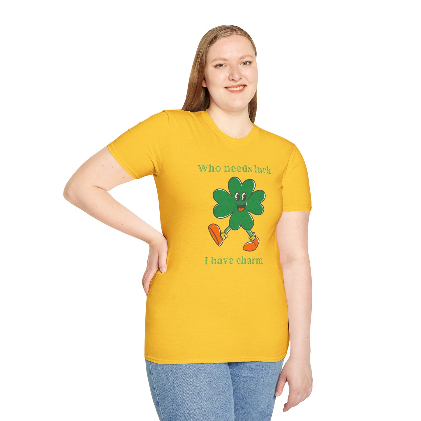 "Who Needs Luck" Graphic Tee – Cheerful Shamrock Character
