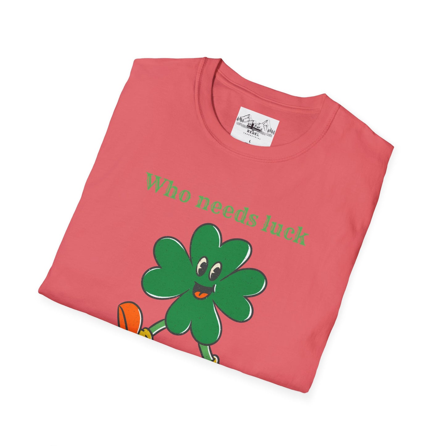 "Who Needs Luck" Graphic Tee – Cheerful Shamrock Character