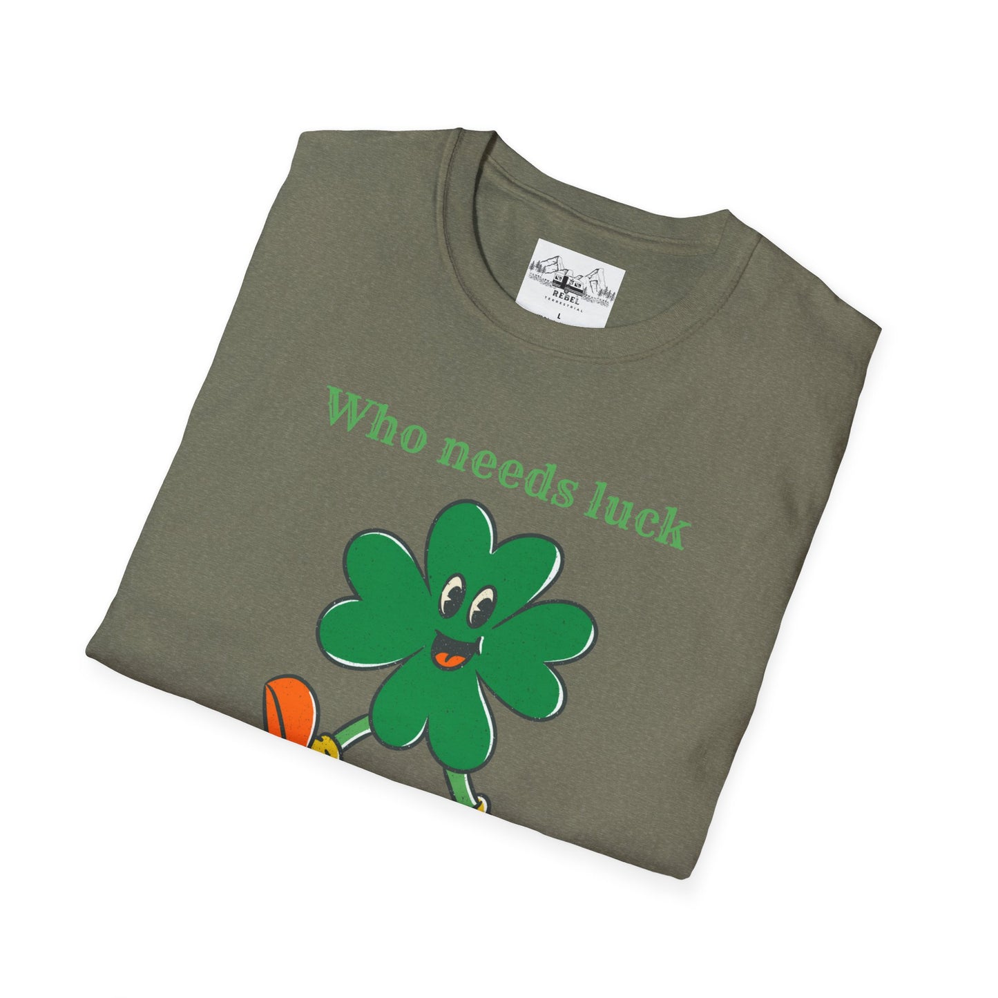 "Who Needs Luck" Graphic Tee – Cheerful Shamrock Character